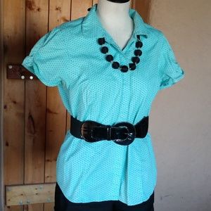 Turquoise polka dot button up shirt blouse